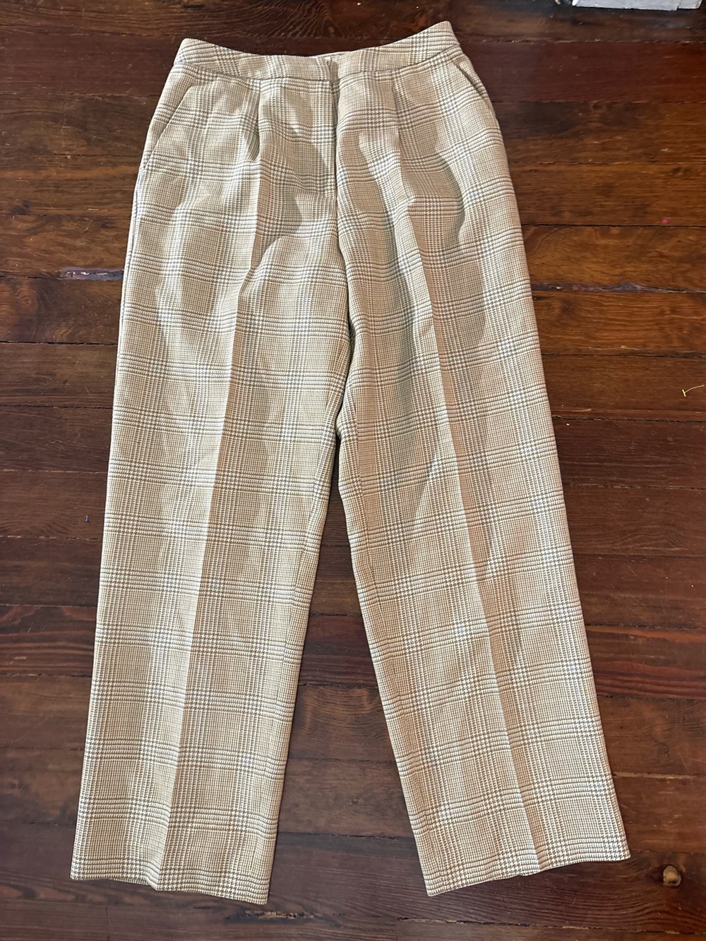 Talbots vintage tan cream 100% wool plaid trousers pants size 8